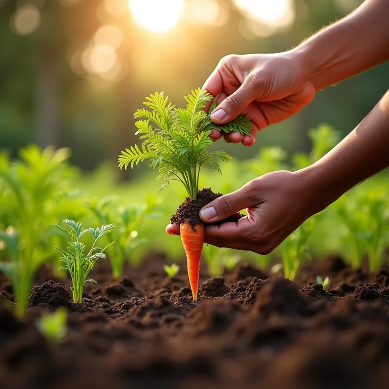 Mãos adicionando adubo orgânico à terra ao redor das plantas de cenoura.