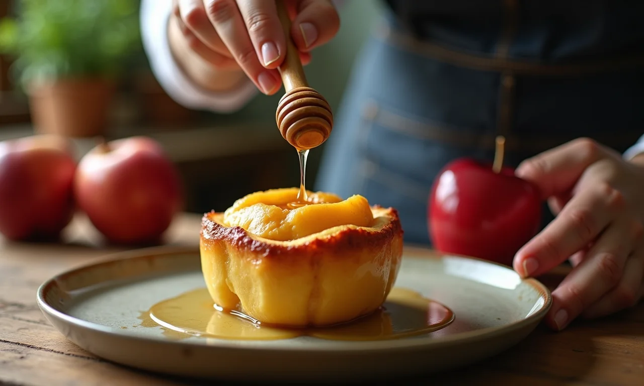 Mãos adicionando mel à maçã assada em cozinha rústica.