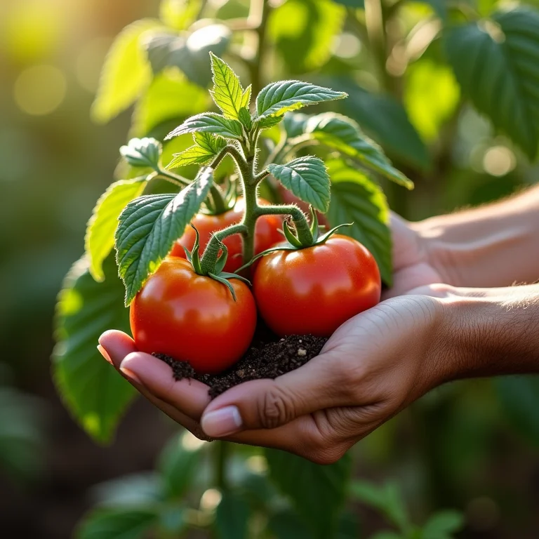 Mãos aplicando adubo orgânico em tomateiros podados.