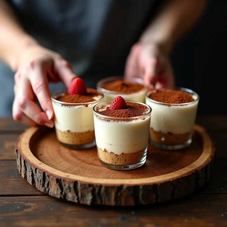 Mãos arrumando tiramisu na taça em bandeja de madeira