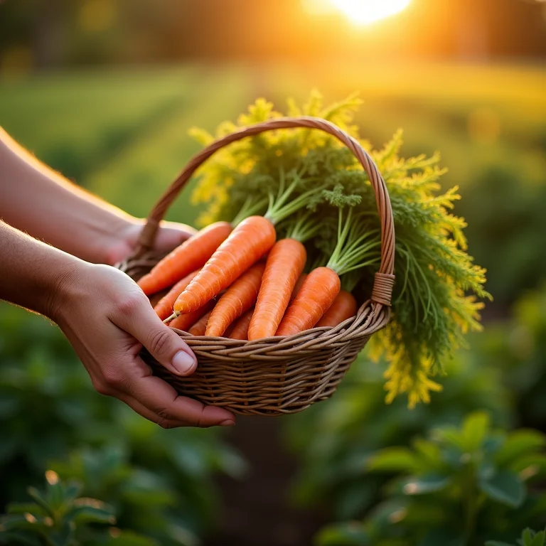 Mãos colhendo cenouras frescas de um canteiro e colocando-as em uma cesta.