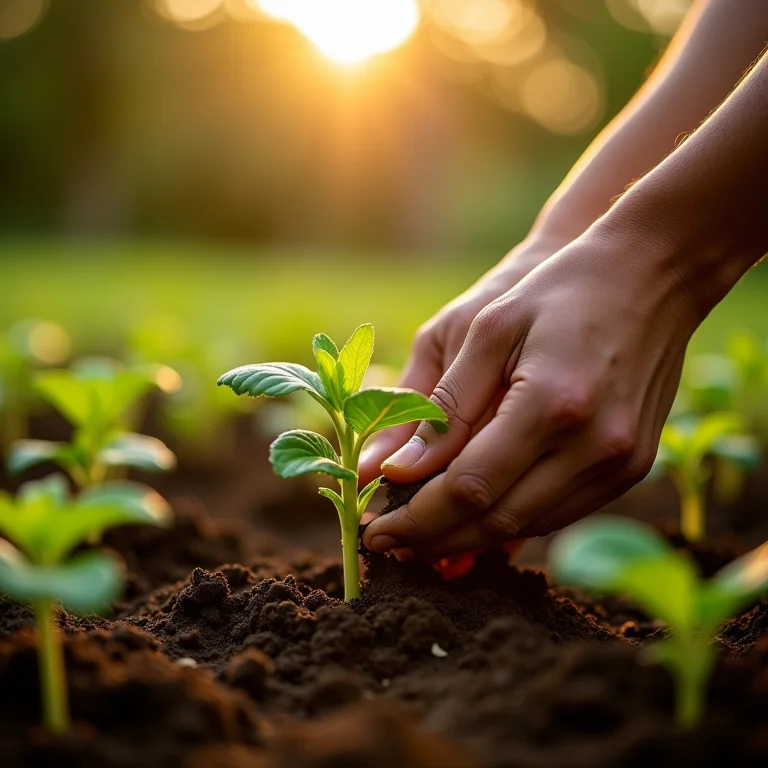 Mãos colocando tela de sombreamento sobre mudas.