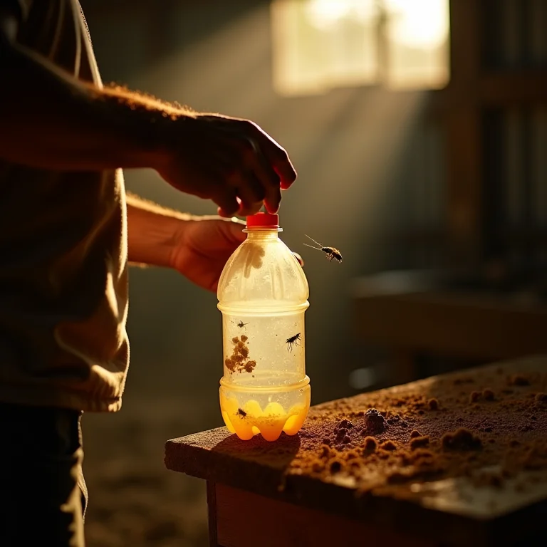 Mãos criando armadilha caseira para moscas com garrafa pet