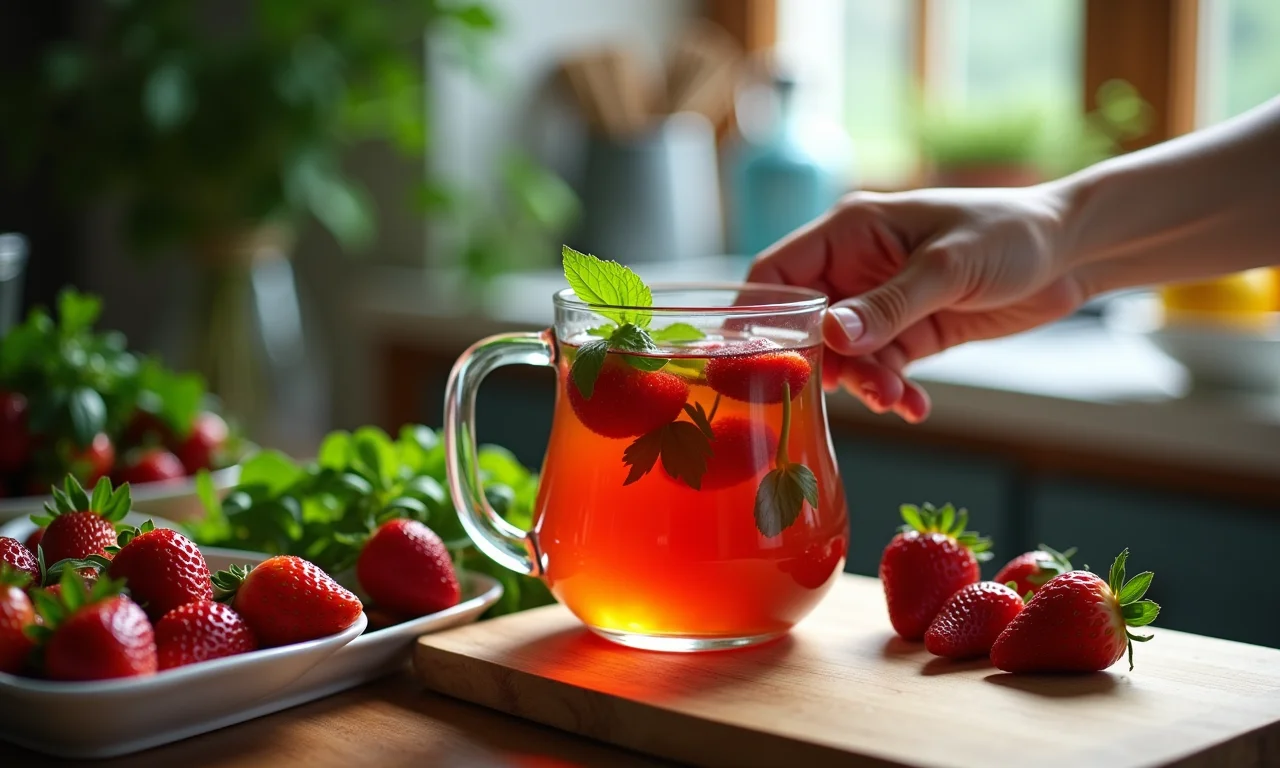 Mãos da autora preparando chá de morango com manjericão em cozinha aconchegante.