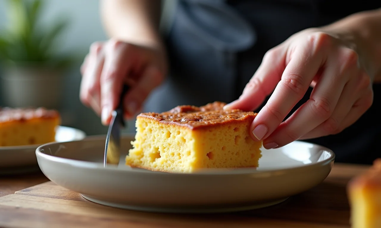 Mãos de especialista cortando fatia de pudim de pão caseiro.
