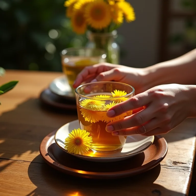 Mãos de mulher servindo chá de dente-de-leão