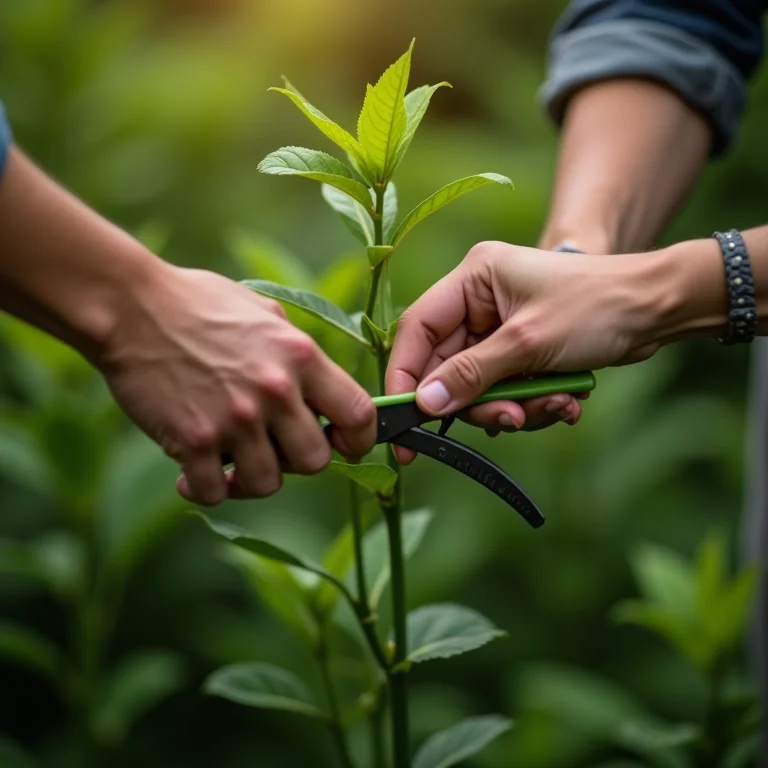 Mãos demonstrando a técnica correta de poda, mostrando o ângulo e a posição do corte.