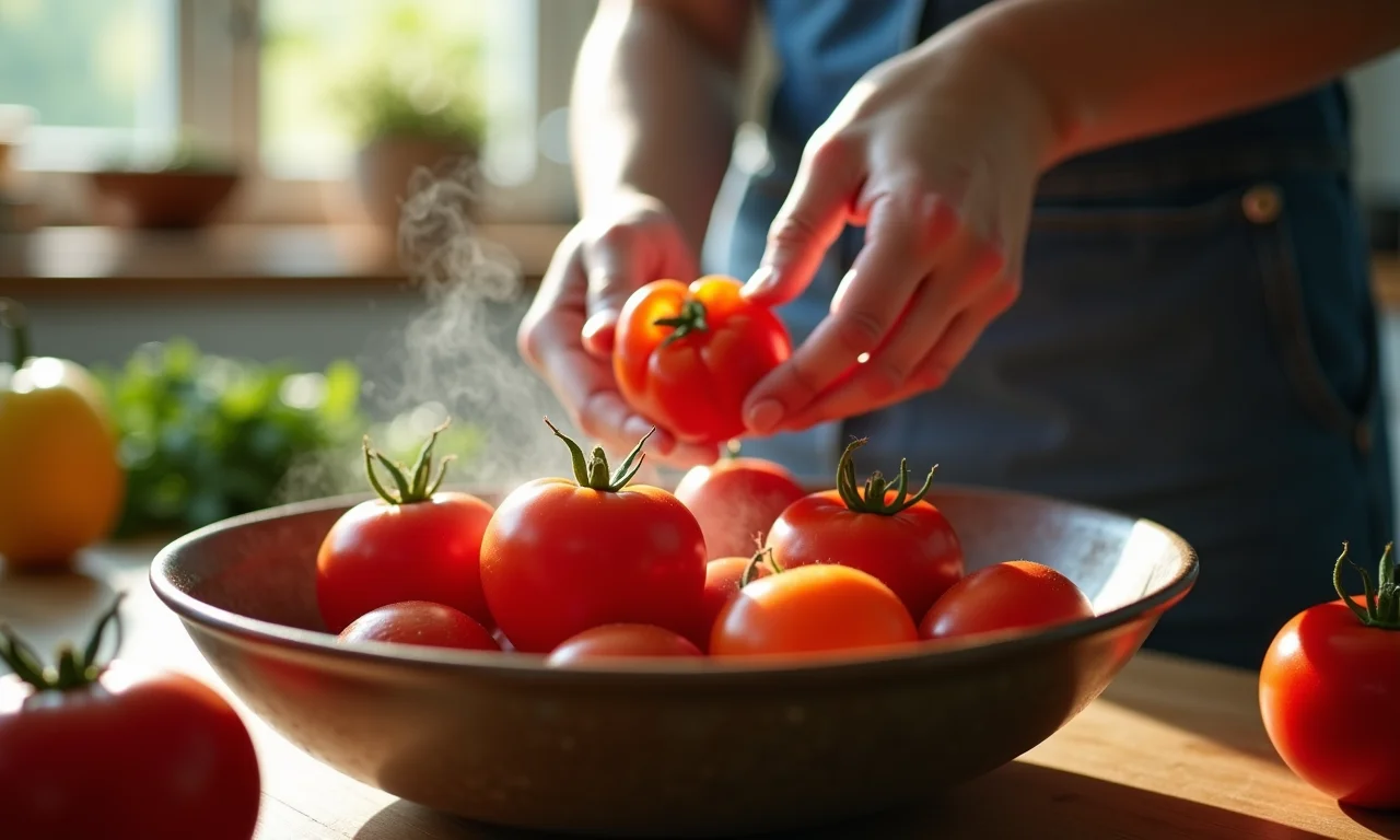 Mãos descascando tomates maduros em uma cozinha ensolarada.