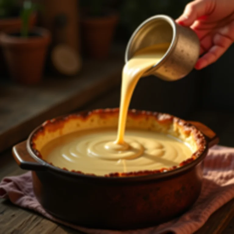 Mãos despejando a massa do Bolo de Cenoura em uma forma rústica, pronta para assar.