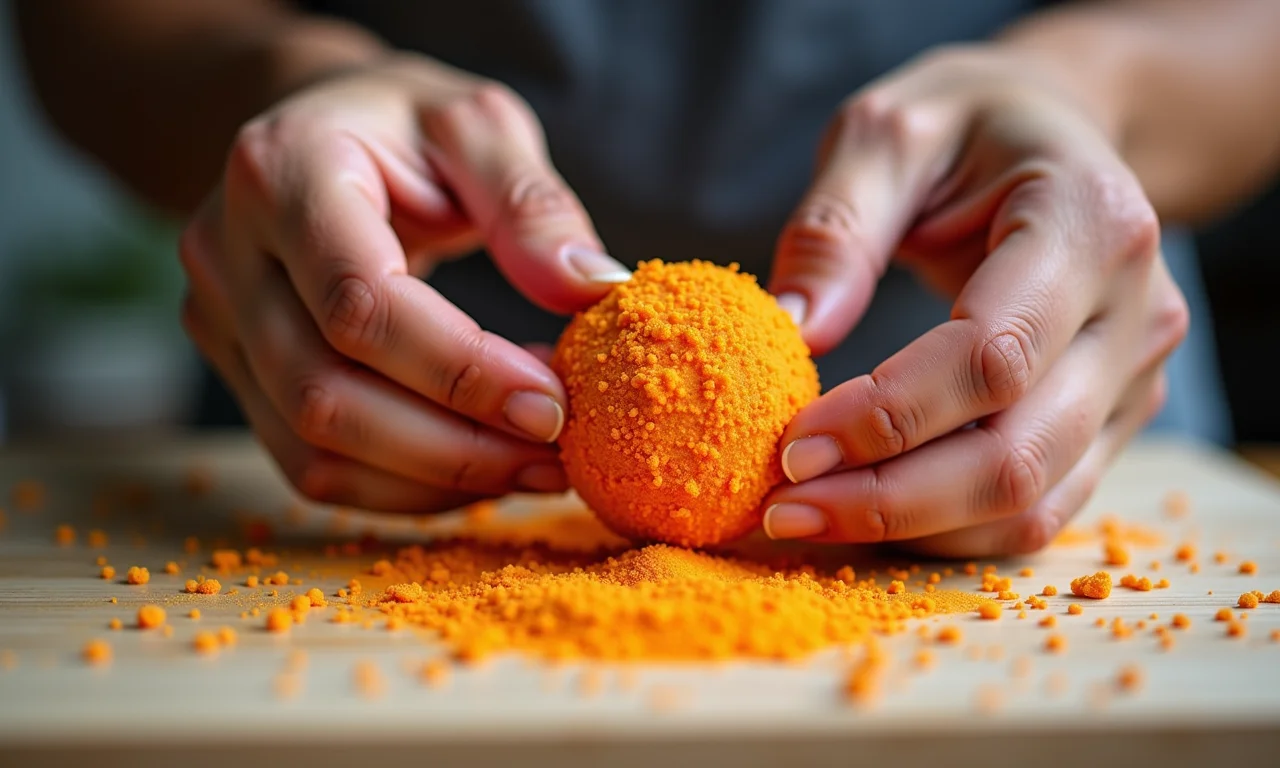 Mãos enrolando brigadeiros de laranja e passando em granulado laranja.