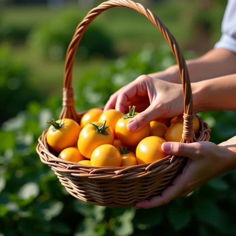 Mãos escolhendo jilós frescos e firmes em um cesto