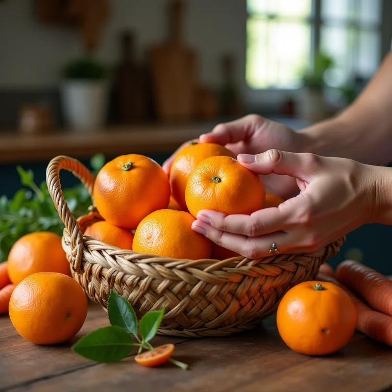 Mãos escolhendo laranjas e cenouras frescas para o bolo.