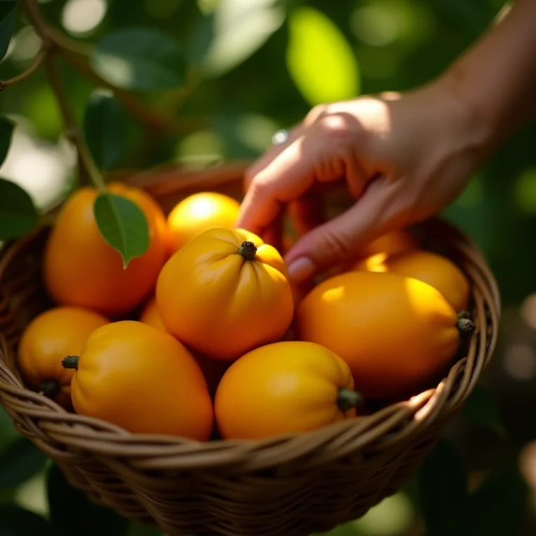 Mãos escolhendo mangabas maduras em cesta de vime.