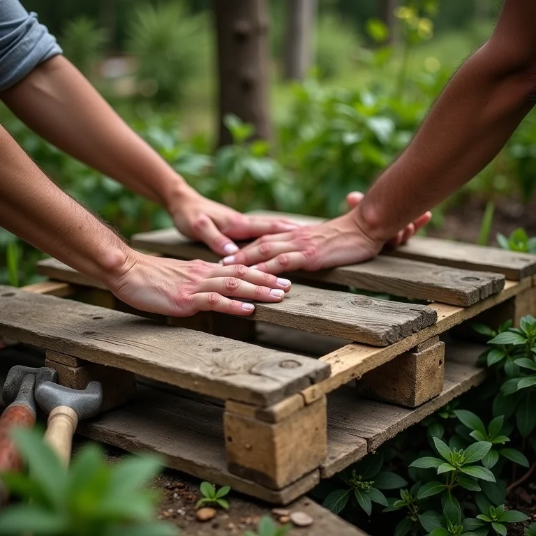 Mãos escolhendo um palete de madeira para criar uma horta vertical