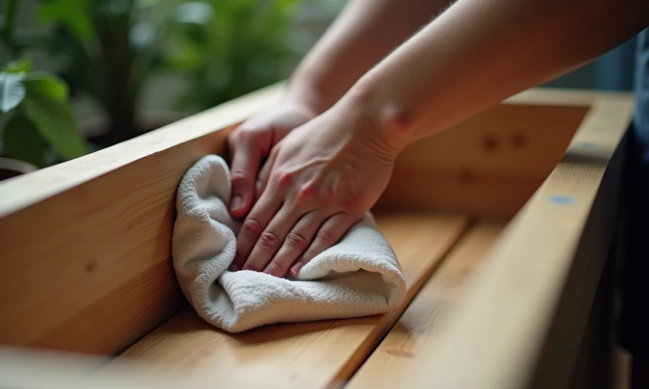 Mãos limpando gamela de madeira com pano macio.