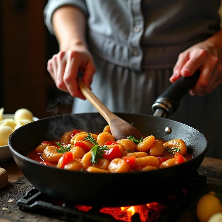 Mãos mexendo o frango com pequi em uma panela rústica.