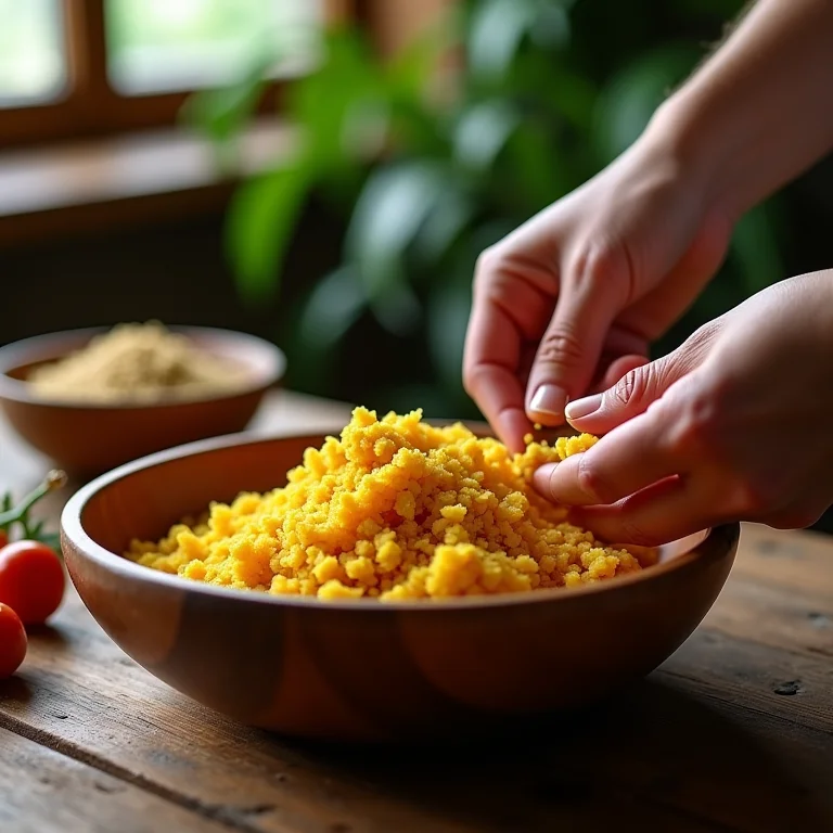 Mãos misturando polvilho azedo e doce em tigela de madeira.