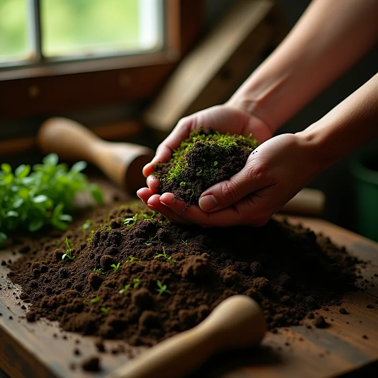 Mãos misturando turfa ao solo para melhorar a aeração.