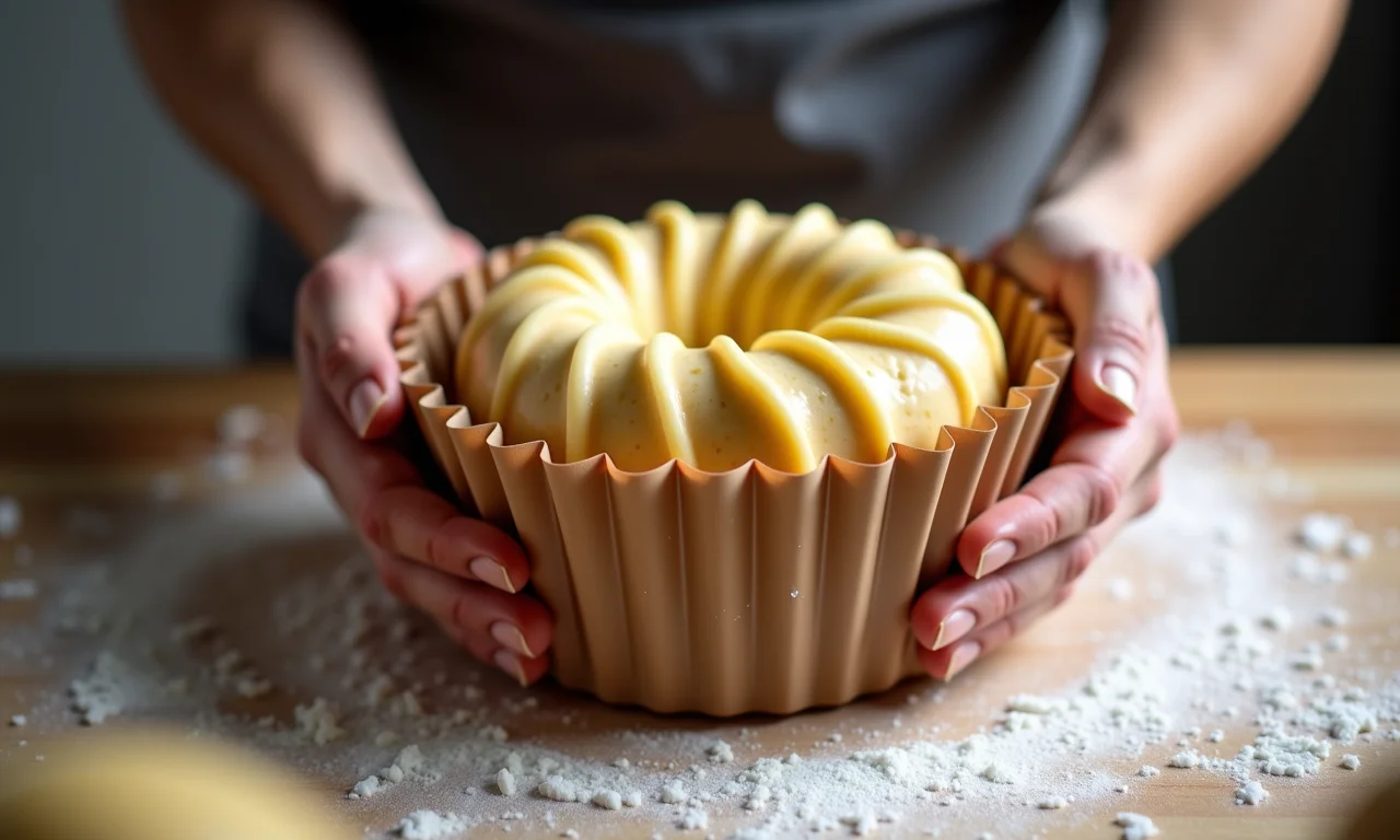Mãos modelando a massa do panetone e colocando em uma forma de papel.