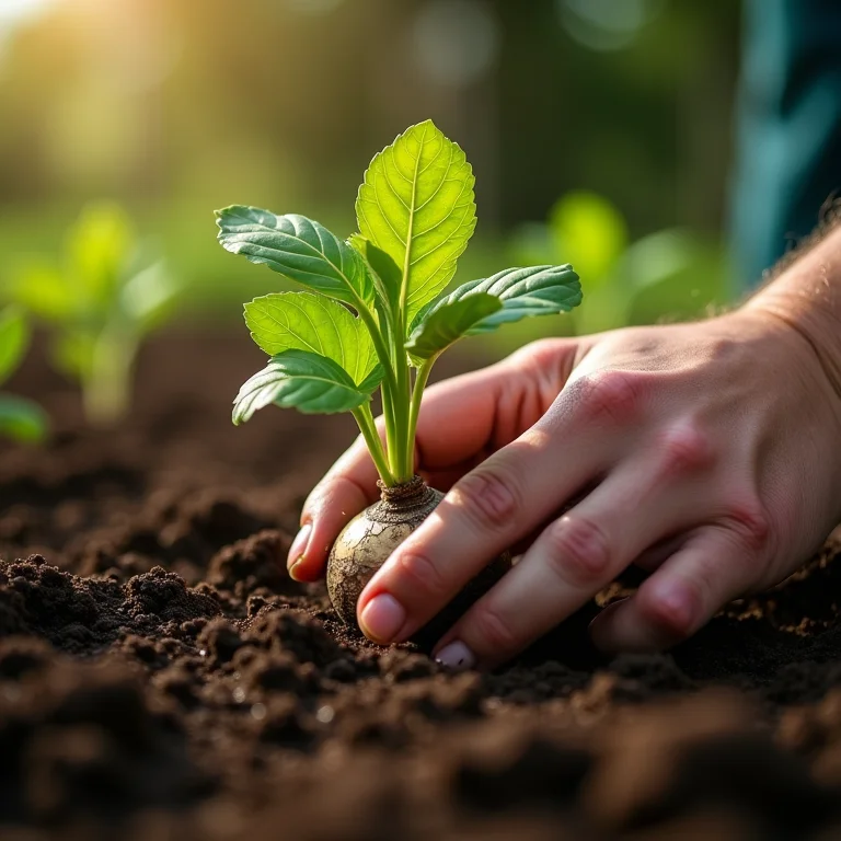 Mãos plantando mudas de inhame no solo preparado.