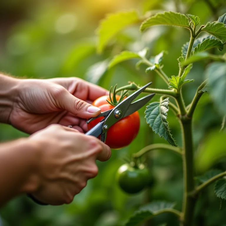 Mãos podando cuidadosamente um tomateiro.