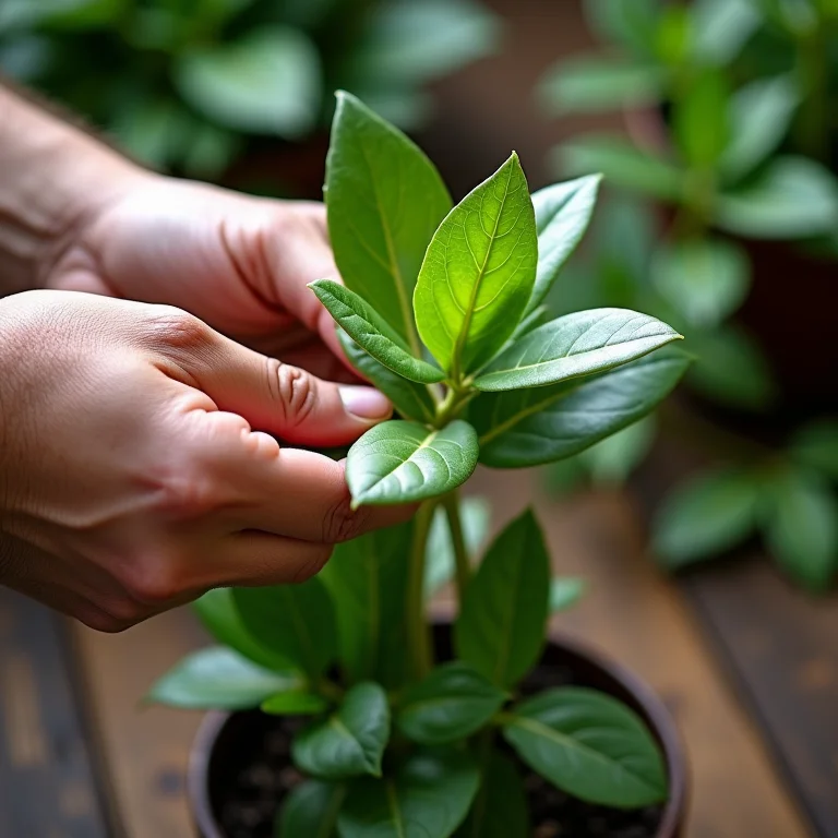 Mãos podando delicadamente uma planta, mostrando o corte preciso para estimular o crescimento.