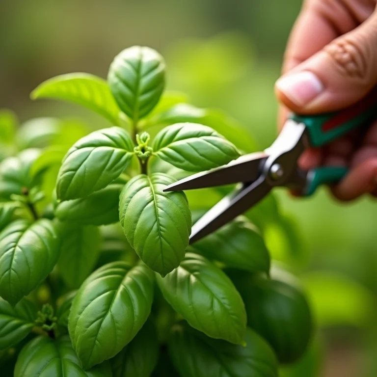 Mãos podando manjericão com tesoura de poda.