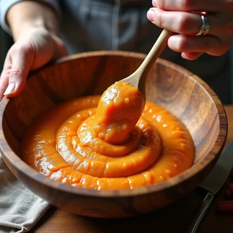 Mãos preparando a massa do Bolo de Cenoura em uma tigela rústica.