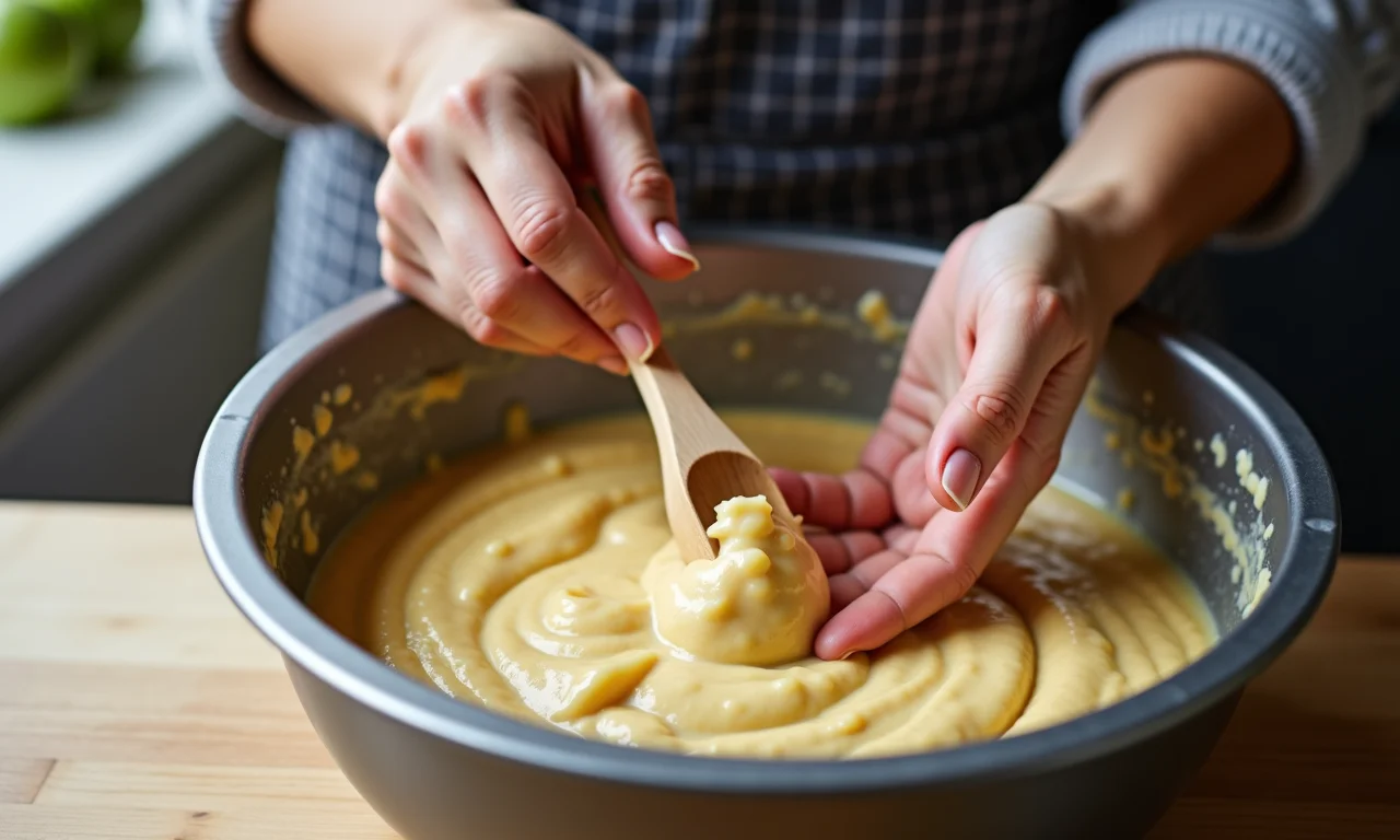 Mãos preparando a massa do bolo de maçã com casca.