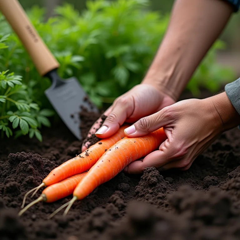 Mãos preparando a terra em um canteiro para o plantio de cenouras.