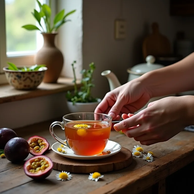 Mãos preparando chá de maracujá e camomila em cozinha rústica.