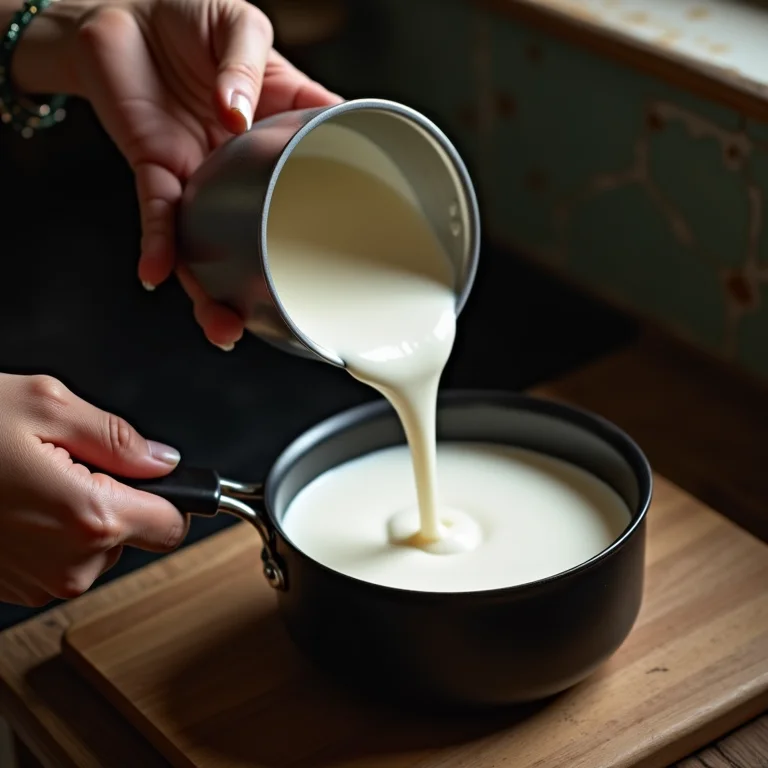 Mãos preparando leite de coco caseiro para o manjar.
