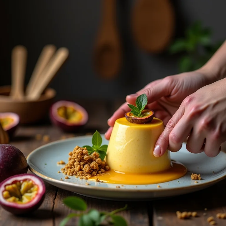 Mãos preparando mousse de maracujá com poucos ingredientes.