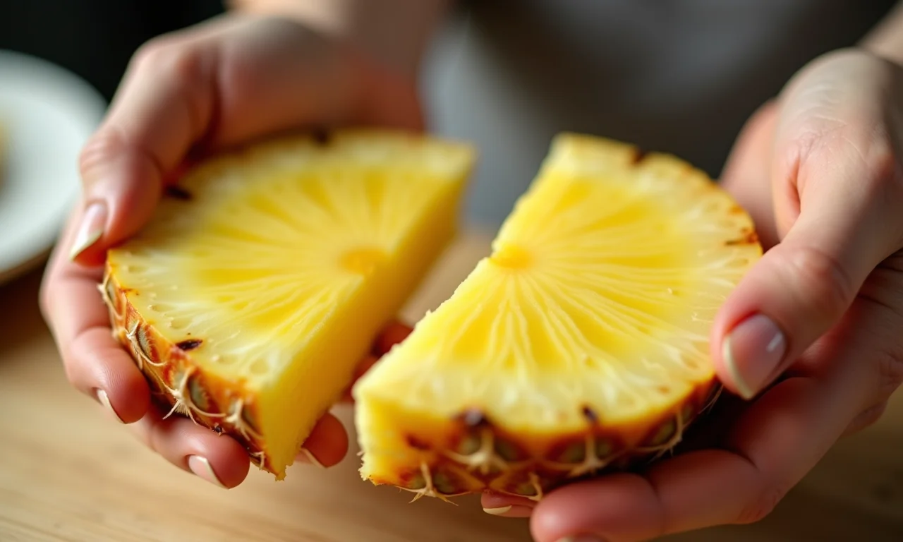Mãos segurando cascas de abacaxi preparadas para o bolo.