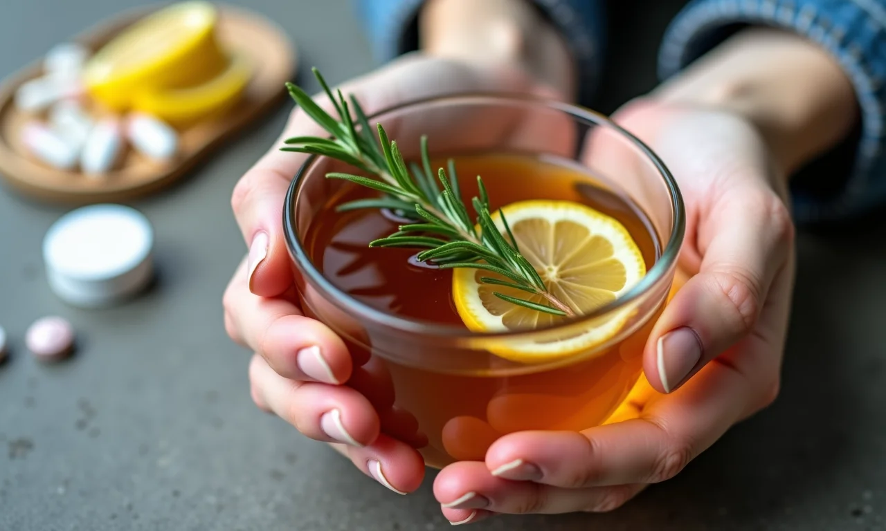 Mãos segurando chá, pílulas borradas ao fundo.