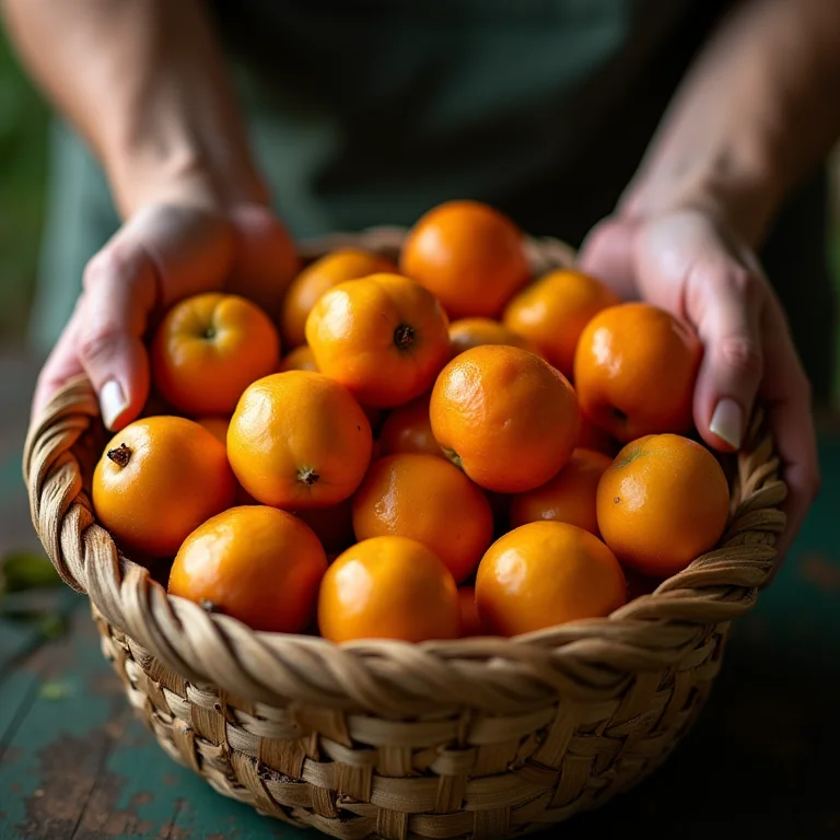 Mãos selecionando mangabas maduras em uma cesta