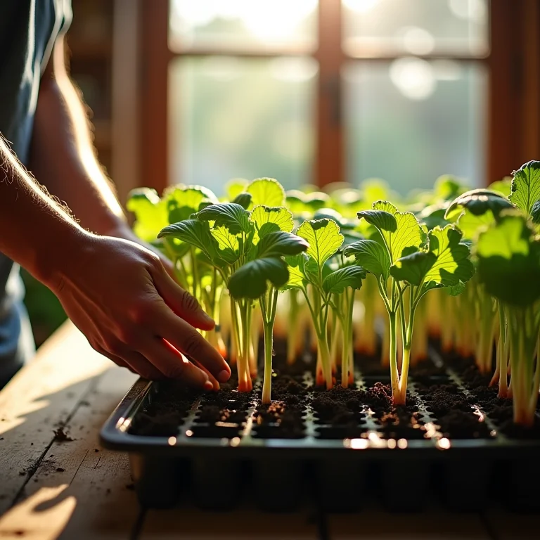 Mãos selecionando mudas de inhame saudáveis para o plantio.
