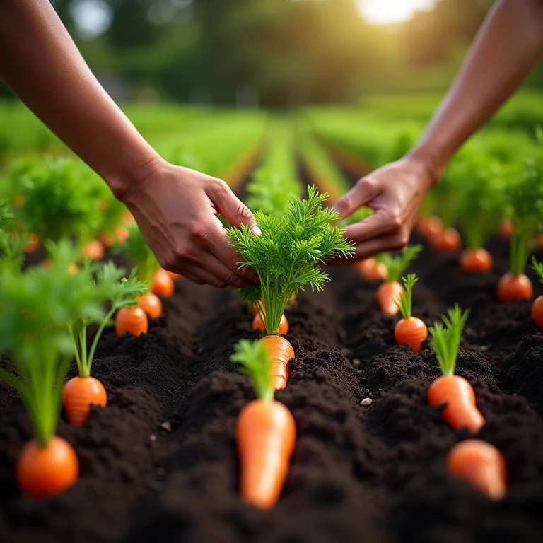 Mãos semeando sementes de cenoura em fileiras organizadas em um canteiro.