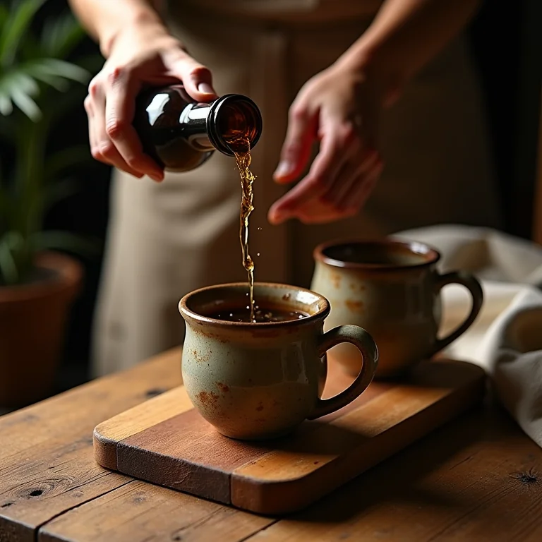 Mãos servindo vinho quente em canecas de cerâmica