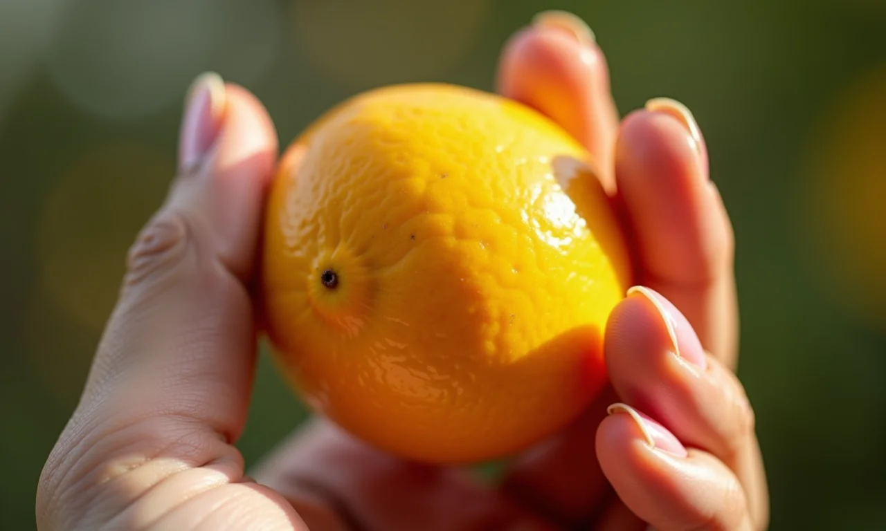 Maracujá doce maduro sendo segurado na mão.