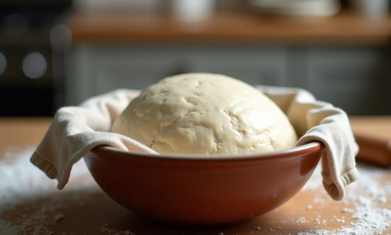 Massa crescendo em uma tigela, coberta com um pano.