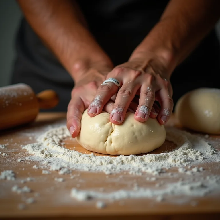 Massa de pão de queijo sendo sovada em uma superfície de madeira.