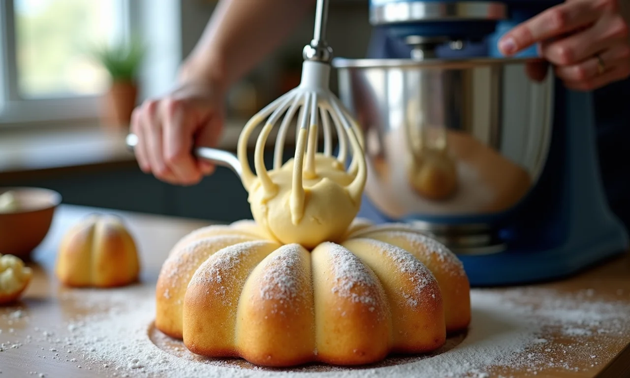 Massa do panetone sendo misturada em uma batedeira.