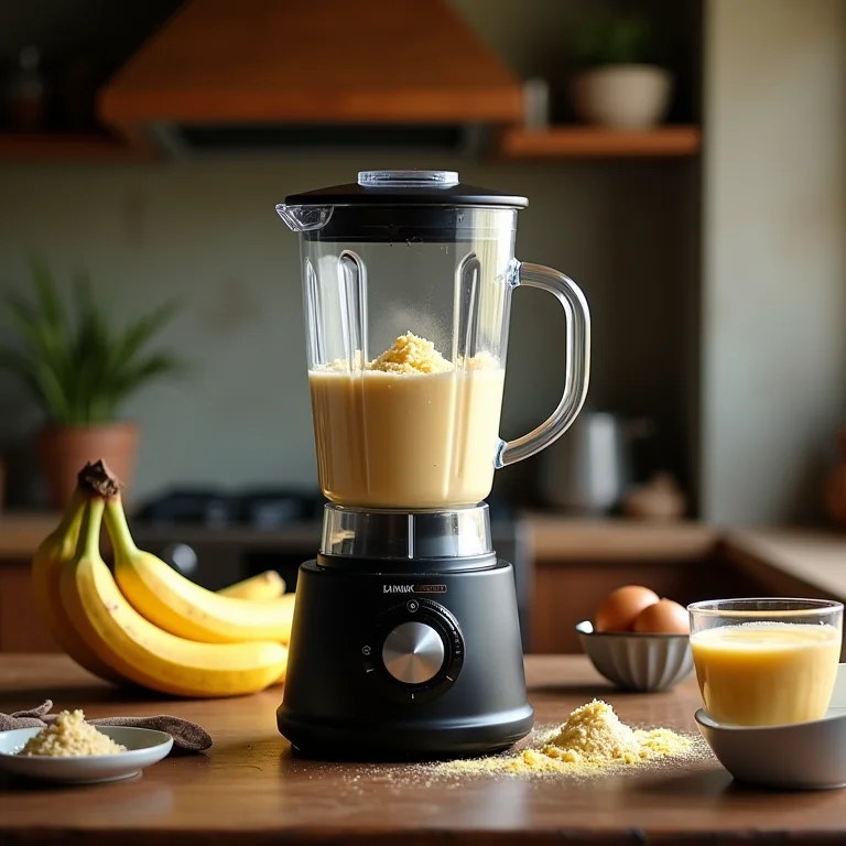 Massa do pudim de banana sendo batida no liquidificador.