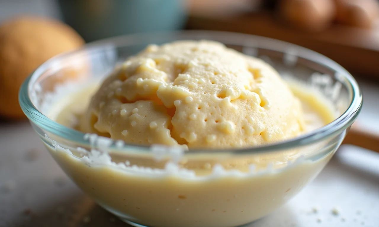 Massa 'esponja' em uma tigela de vidro, com textura borbulhante.