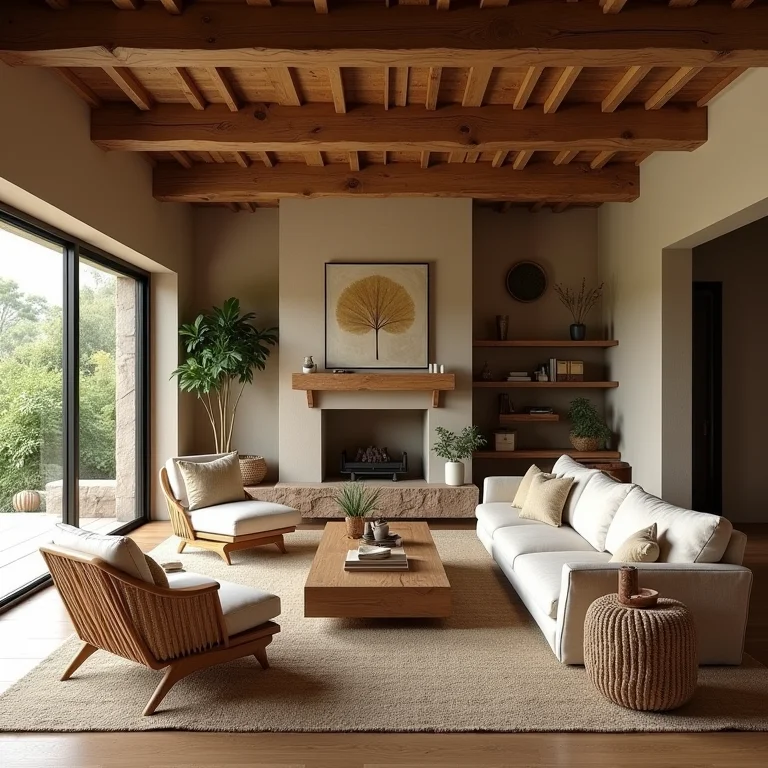 Materiais naturais em sala rústica: madeira, pedra e fibras naturais