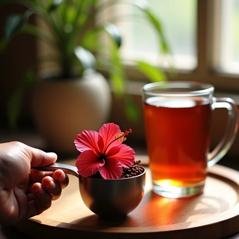 Medindo a quantidade de chá de hibisco.