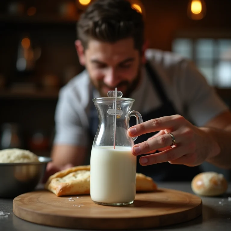 Medindo a temperatura do leite para a receita.