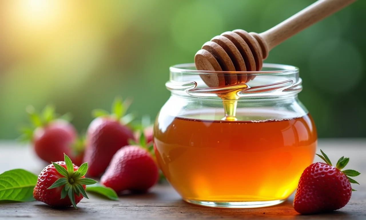 Mel ou açúcar para adoçar o chá de morango com manjericão.