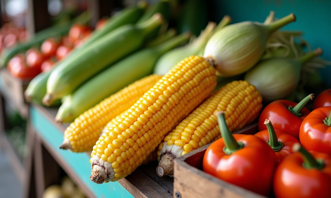 Mercado com ingredientes frescos para Bolo de Milho Pamonha.